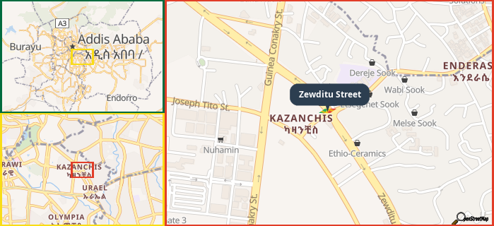 Map showing the address of Zewditu Street in three different zoom levels.