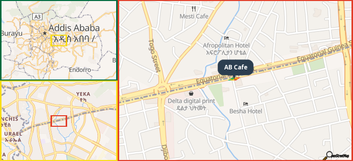 Map showing the address of AB Cafe in three different zoom levels.