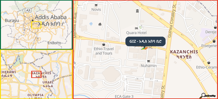 Map showing the address of GIZ - አዲስ አበባ ቢሮ in three different zoom levels.