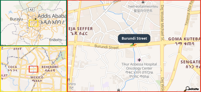 Map showing the address of Burundi Street in three different zoom levels.