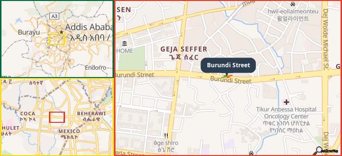 Map showing the address of Burundi Street in three different zoom levels.