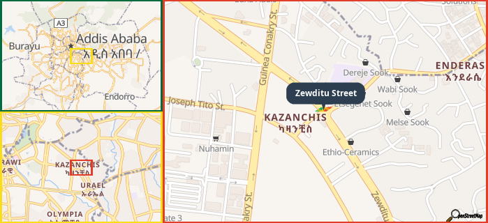 Map showing the address of Zewditu Street in three different zoom levels.