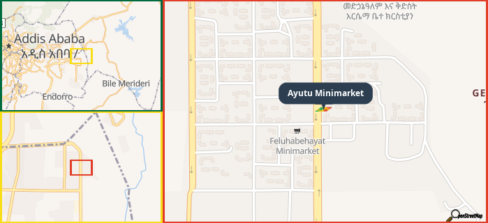 Map showing the address of Ayutu Minimarket in three different zoom levels.