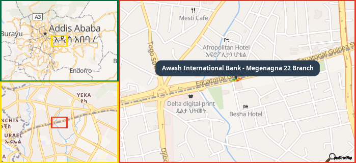 Map showing the address of Awash International Bank - Megenagna 22 Branch in three different zoom levels.