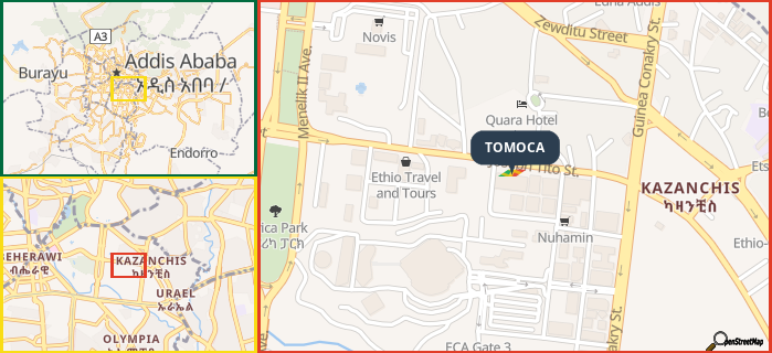 Map showing the address of TOMOCA in three different zoom levels.