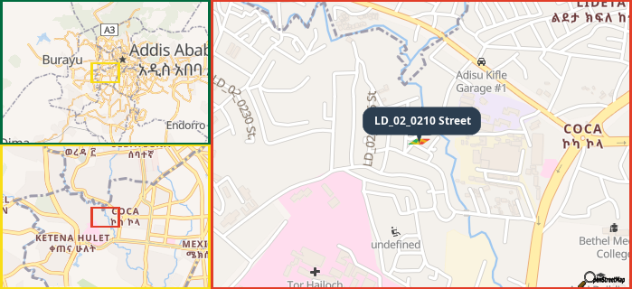 Map showing the address of LD_02_0210 Street in three different zoom levels.