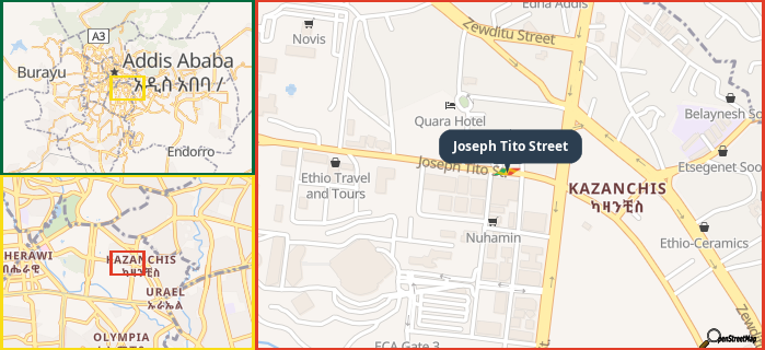 Map showing the address of Joseph Tito Street in three different zoom levels.