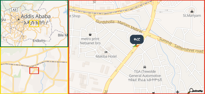 Map showing the address of ቀረሮ in three different zoom levels.
