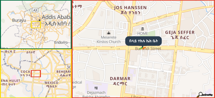 Map showing the address of በላይ ተክሉ ኬክ ቤት in three different zoom levels.