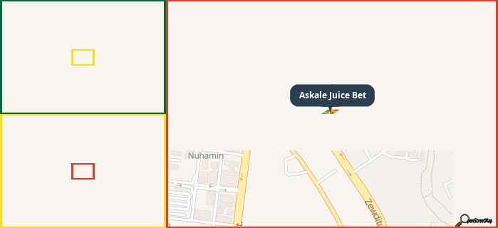 Map showing the address of Askale Juice Bet in three different zoom levels.