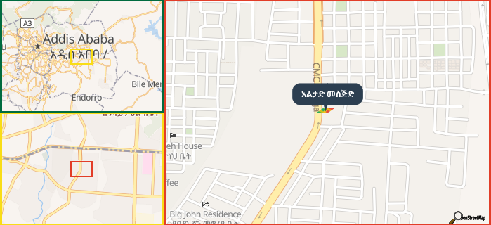 Map showing the address of አልታድ መስጅድ in three different zoom levels.