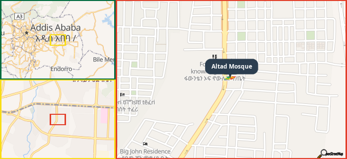 Map showing the address of Altad Mosque in three different zoom levels.