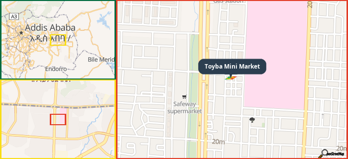 Map showing the address of Toyba Mini Market in three different zoom levels.