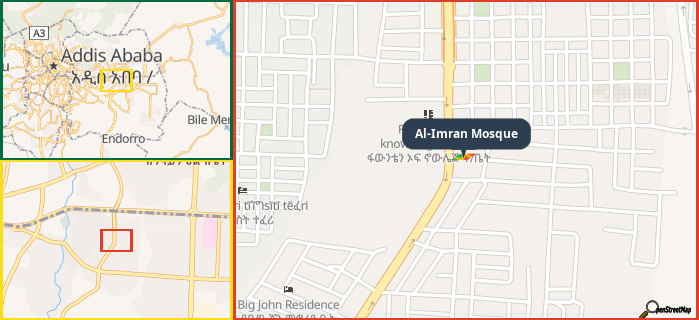 Map showing the address of Al-Imran Mosque in three different zoom levels.