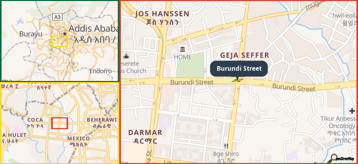 Map showing the address of Burundi Street in three different zoom levels.