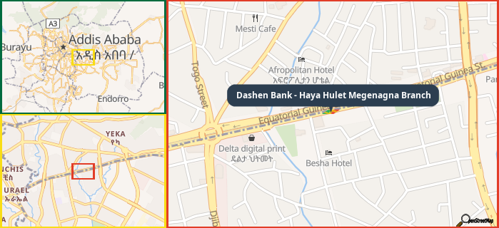 Map showing the address of Dashen Bank - Haya Hulet Megenagna Branch in three different zoom levels.