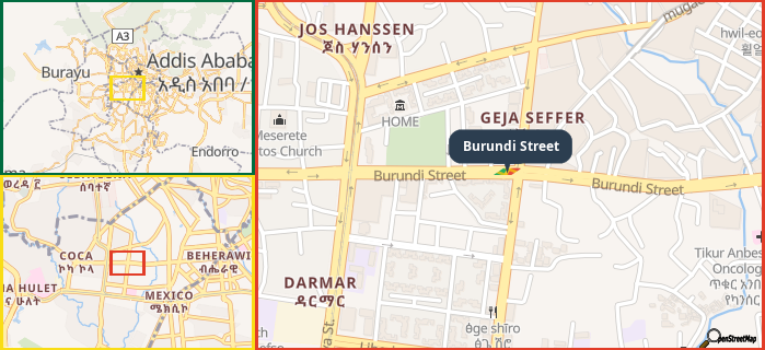 Map showing the address of Burundi Street in three different zoom levels.