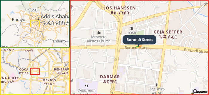 Map showing the address of Burundi Street in three different zoom levels.