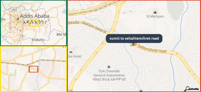 Map showing the address of sumit to sehalitemihret road in three different zoom levels.