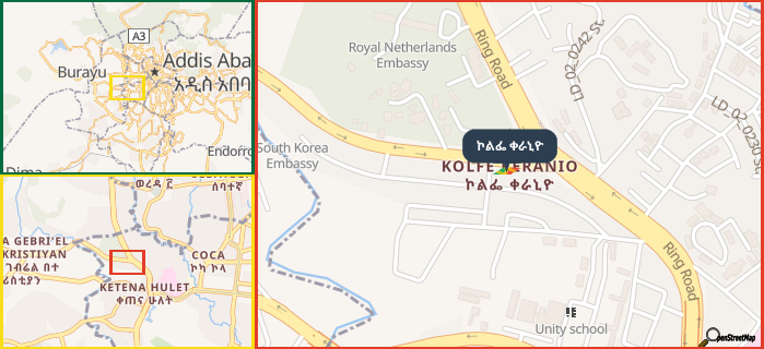 Map showing the address of ኮልፌ ቀራኒዮ in three different zoom levels.