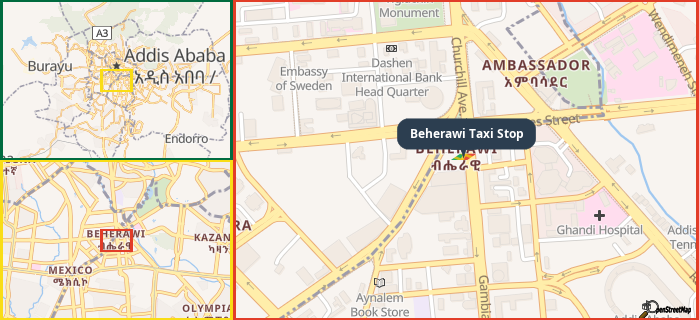 Map showing the address of Beherawi Taxi Stop in three different zoom levels.