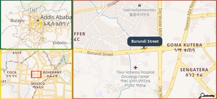 Map showing the address of Burundi Street in three different zoom levels.