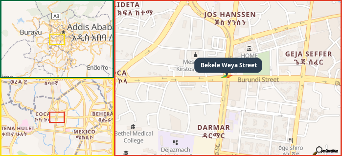 Map showing the address of Bekele Weya Street in three different zoom levels.