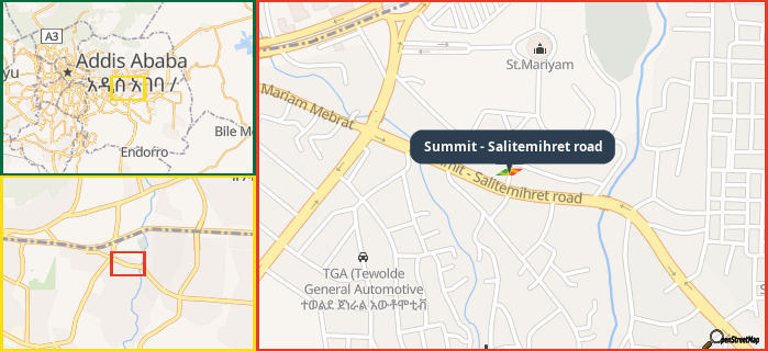 Map showing the address of Summit - Salitemihret road in three different zoom levels.
