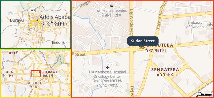 Map showing the address of Sudan Street in three different zoom levels.