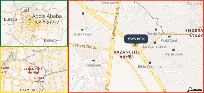 Map showing the address of ጫጫ ኮርነር in three different zoom levels.