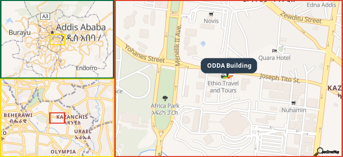 Map showing the address of ODDA Building in three different zoom levels.