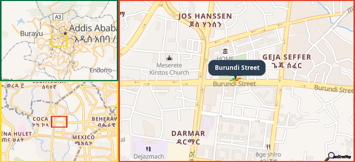 Map showing the address of Burundi Street in three different zoom levels.