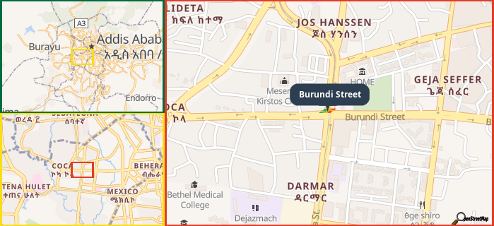 Map showing the address of Burundi Street in three different zoom levels.