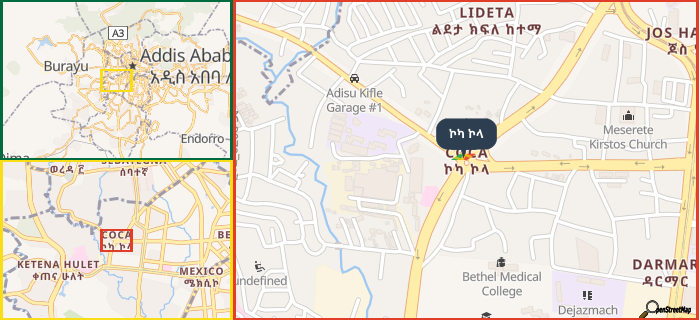 Map showing the address of ኮካ ኮላ in three different zoom levels.