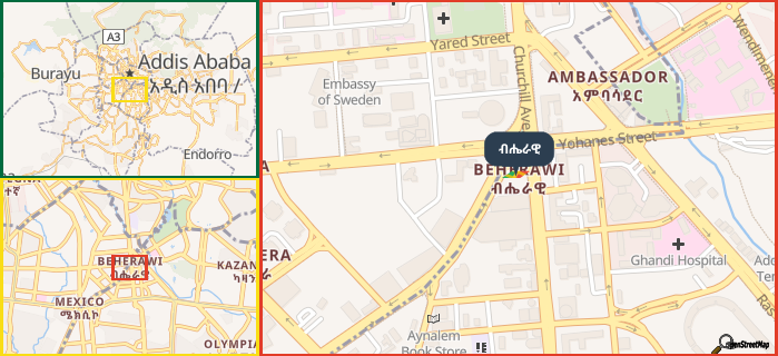 Map showing the address of ብሔራዊ in three different zoom levels.
