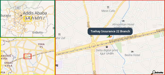 Map showing the address of Tsehay Insurance 22 Branch in three different zoom levels.