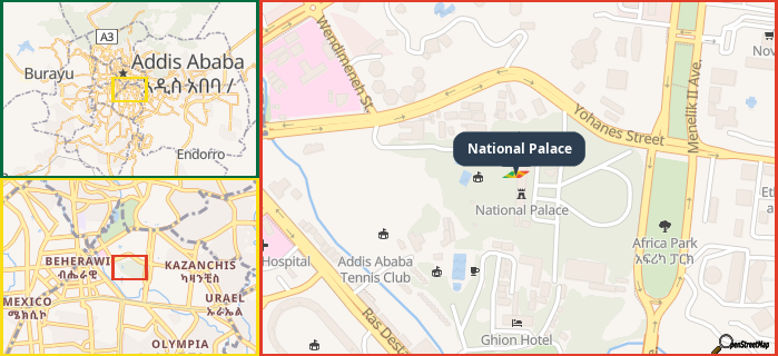 Map showing the address of National Palace in three different zoom levels.