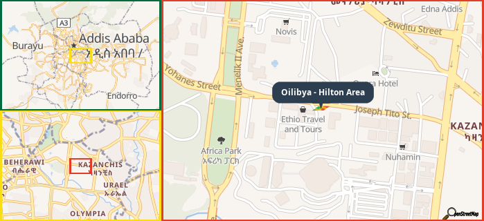 Map showing the address of Oilibya - Hilton Area in three different zoom levels.