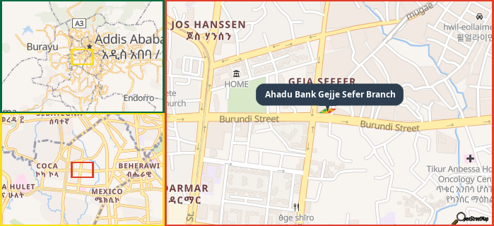 Map showing the address of Ahadu Bank Gejje Sefer Branch in three different zoom levels.