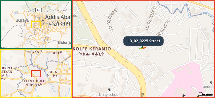 Map showing the address of LD_02_0225 Street in three different zoom levels.