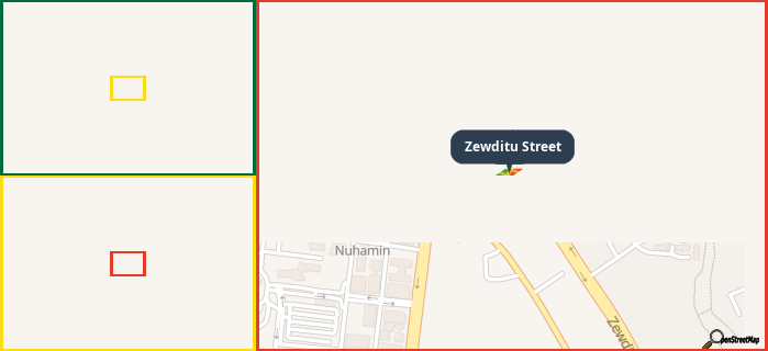Map showing the address of Zewditu Street in three different zoom levels.