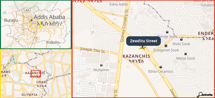 Map showing the address of Zewditu Street in three different zoom levels.