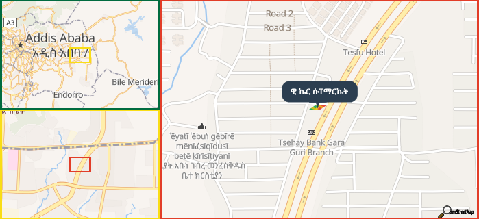 Map showing the address of ዊ ኬር ሱፐማርኬት in three different zoom levels.