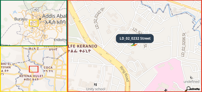 Map showing the address of LD_02_0232 Street in three different zoom levels.