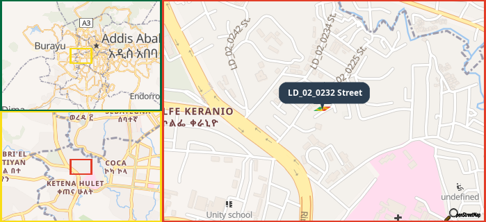 Map showing the address of LD_02_0232 Street in three different zoom levels.