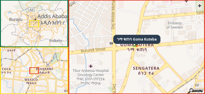 Map showing the address of ጎማ ቁጠባ Goma Kuteba in three different zoom levels.