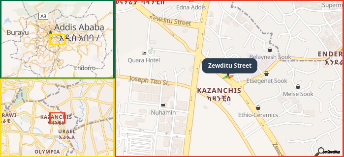 Map showing the address of Zewditu Street in three different zoom levels.