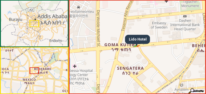 Map showing the address of Lido Hotel in three different zoom levels.