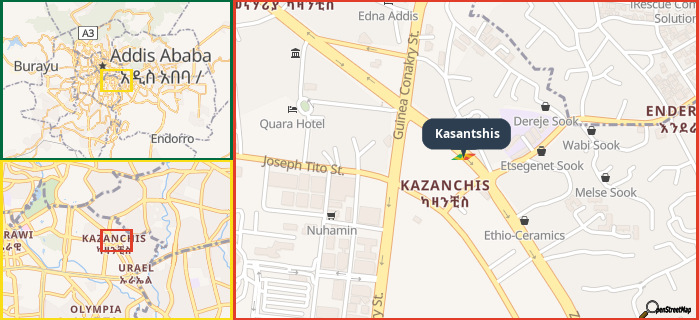 Map showing the address of Kasantshis in three different zoom levels.