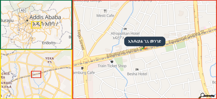 Map showing the address of ኢኳቶሪያል ጊኒ መንገድ in three different zoom levels.